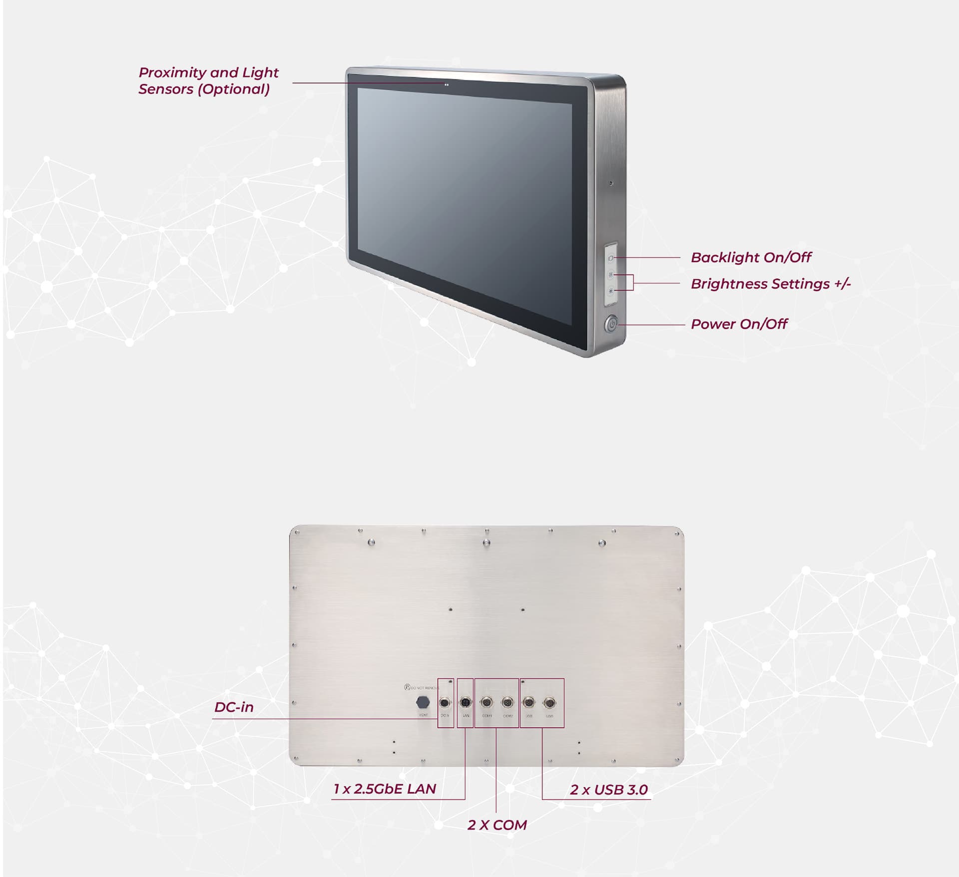 Axiomtek GOT821A-TGL-WCD Stainless Steel IP69K Touch Panel PC Front View Layout