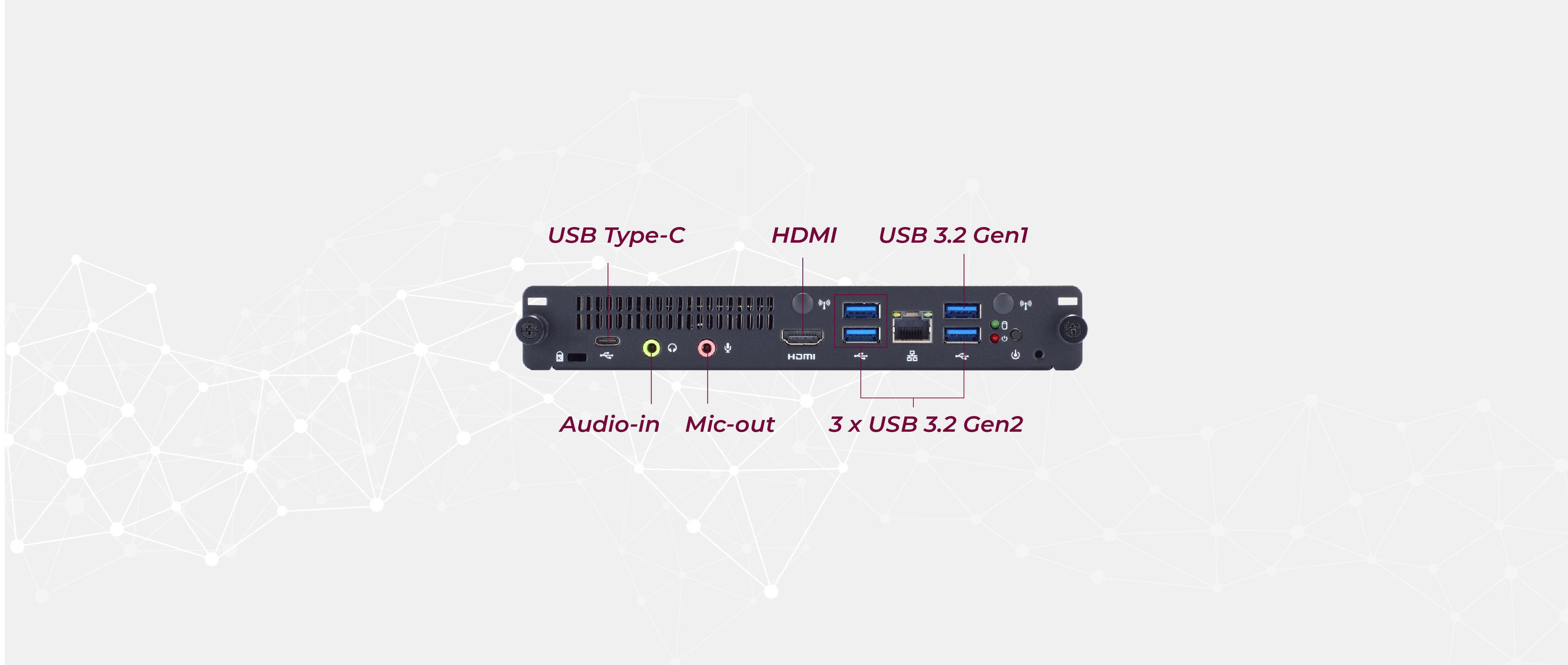 Axiomtek OPS530 Intel Core OPS Digital Signage Player Front View I/O Layout